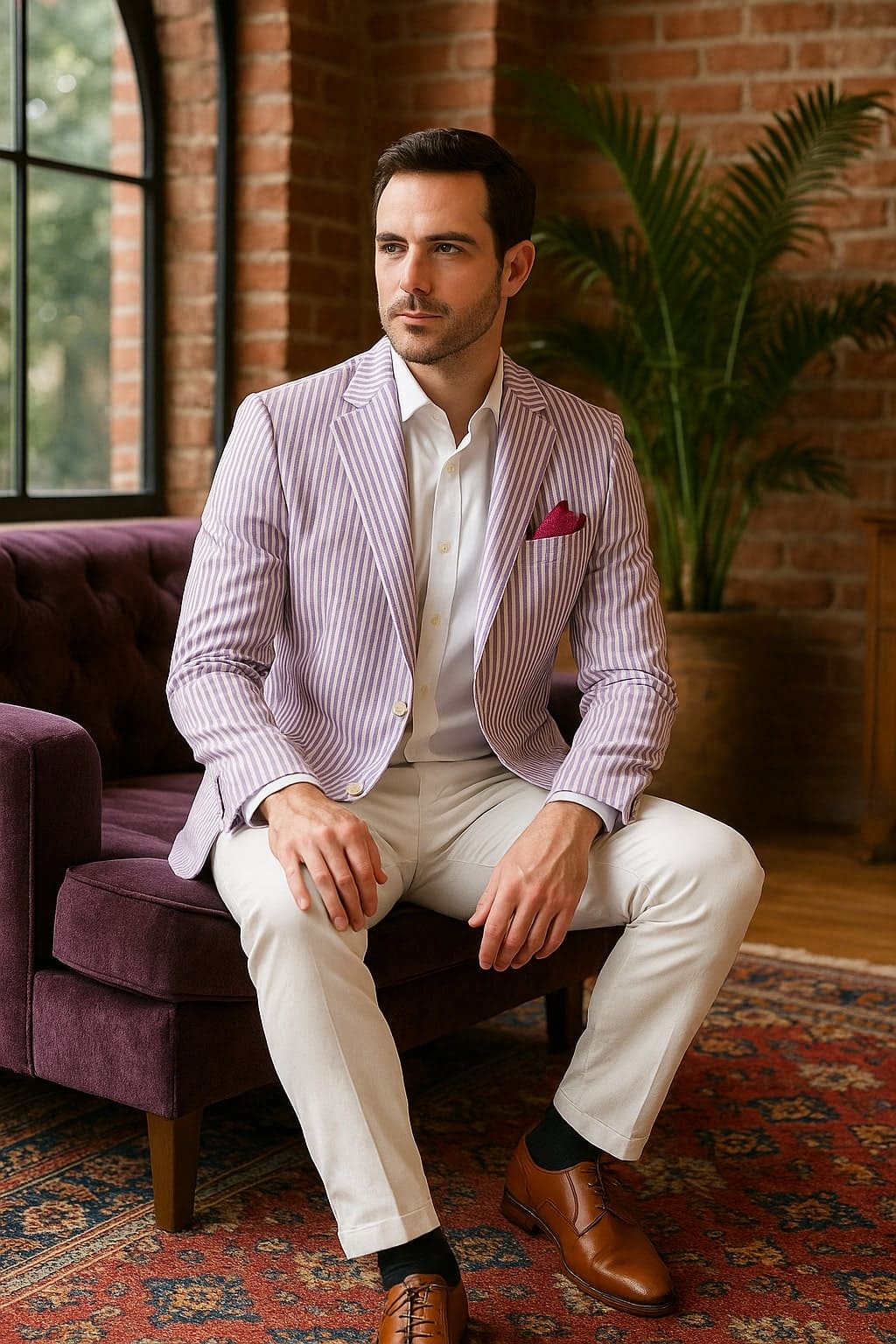 Mens Jacket + Pants Summer Seersucker Suit in Tan Pinstripe