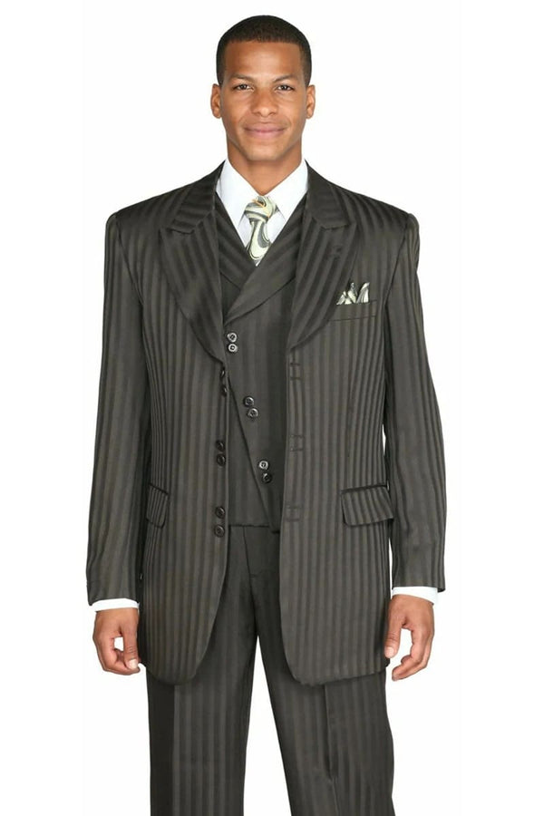 Mens Vested Wide Peak Lapel Ton on Ton Stripe Fashion Suit in Olive