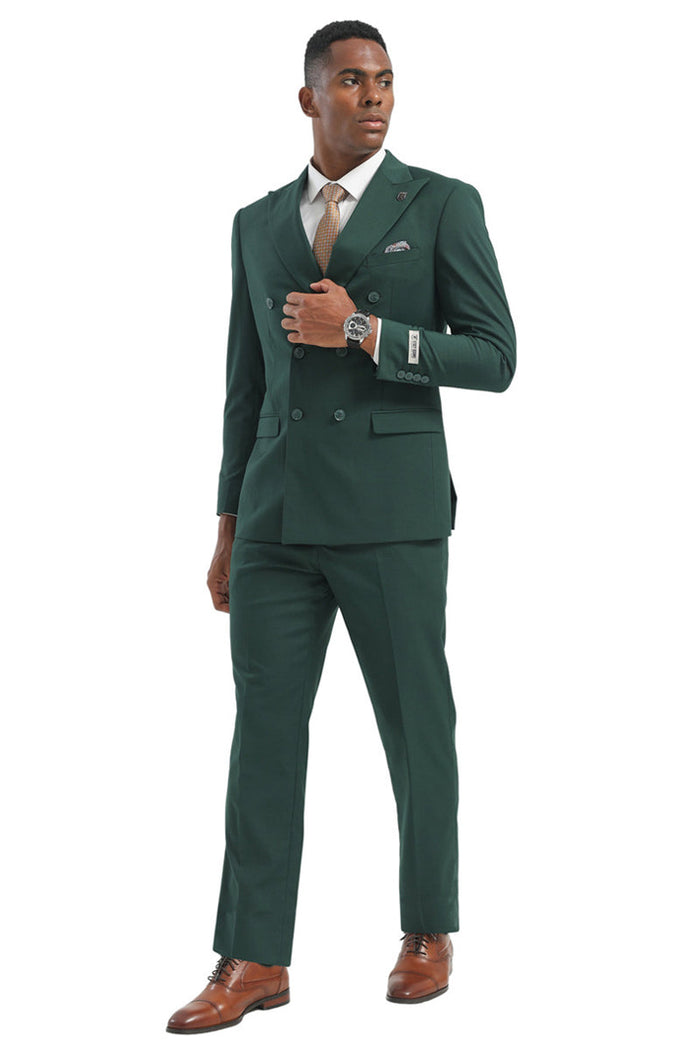 Hunter green Stacy Adams double-breasted suit: structured blazer with fitted shape, double buttons, tailored collar. Matching trousers for a sleek, coordinated look.
