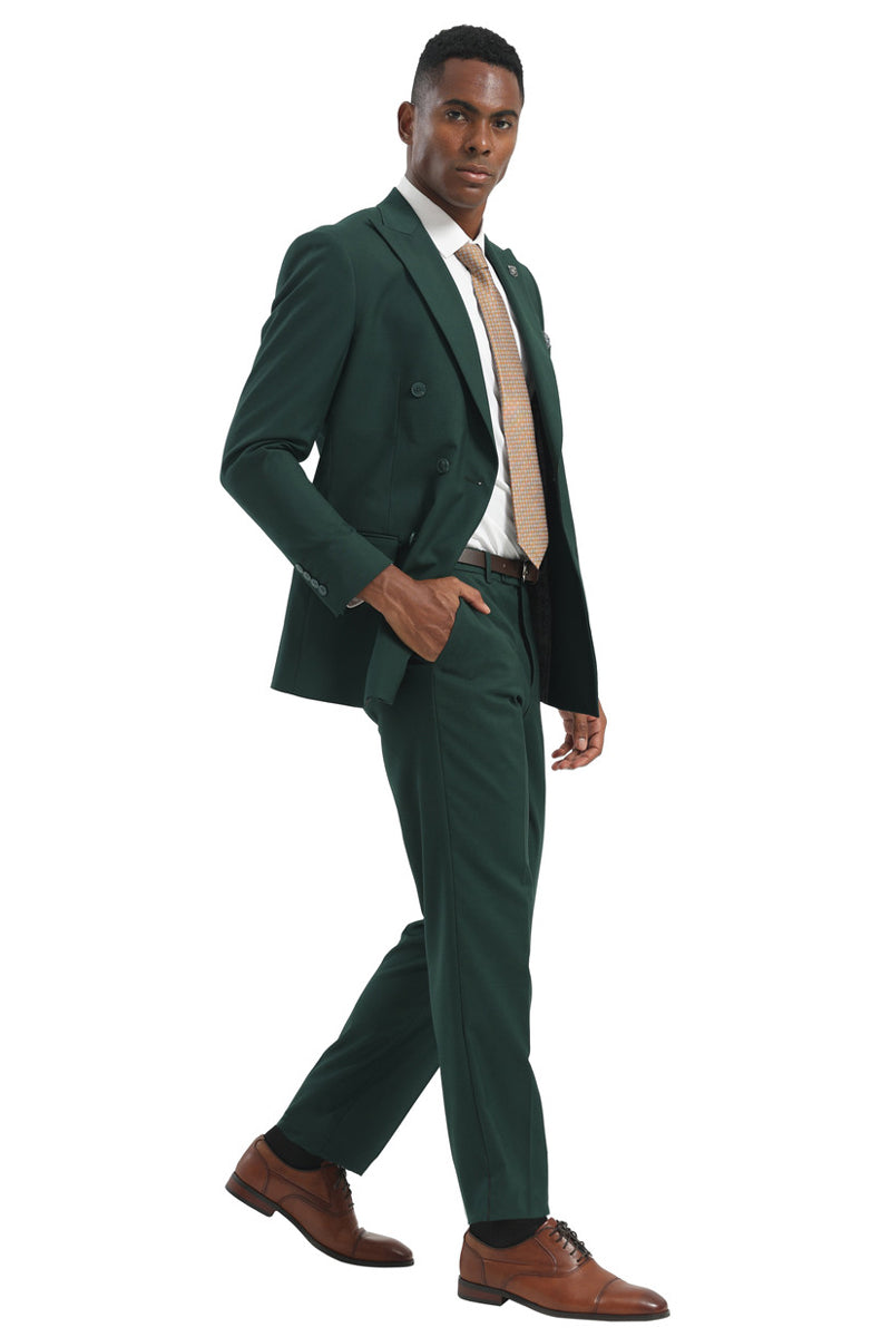 Stacy Adams hunter green double-breasted suit for men. Tailored jacket with notched lapel and two rows of buttons, paired with slim-fit trousers. Smooth, hunter green fabric throughout. Trousers sit at waist with a straight leg. Belt visible.
