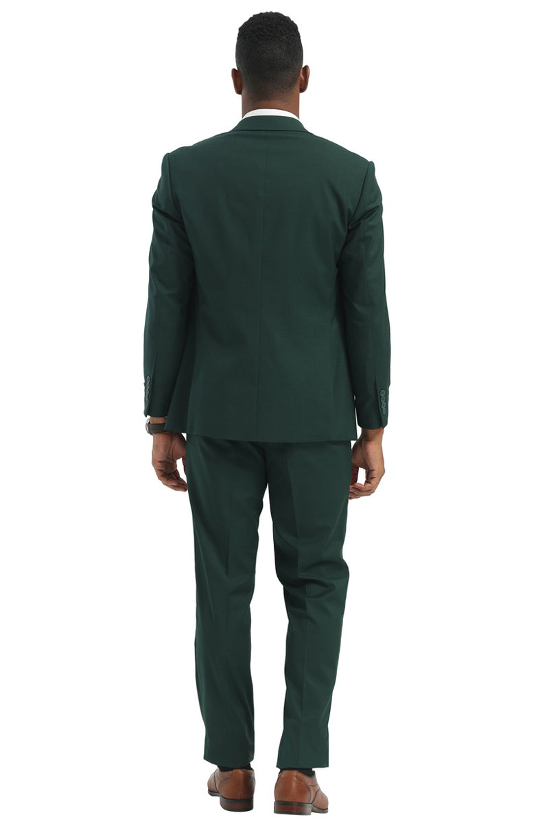 Stacy Adams hunter green double-breasted suit. Tailored fit, sharp shoulders, and straight back. Solid green fabric with dual-button jacket and streamlined trousers for a sleek look.
