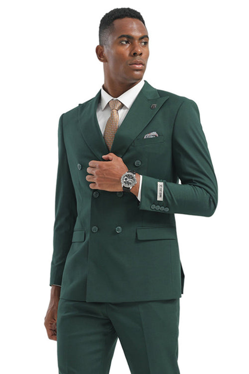 Stacy Adams men's hunter green double-breasted suit. Structured, textured fabric, tailored fit, and slash pockets. Features a bold and elegant double-breasted design.
