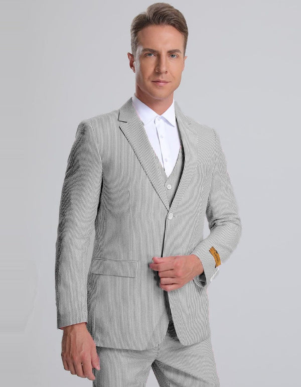 Mens Vested Summer Seersucker Suit in Black Pinstripe