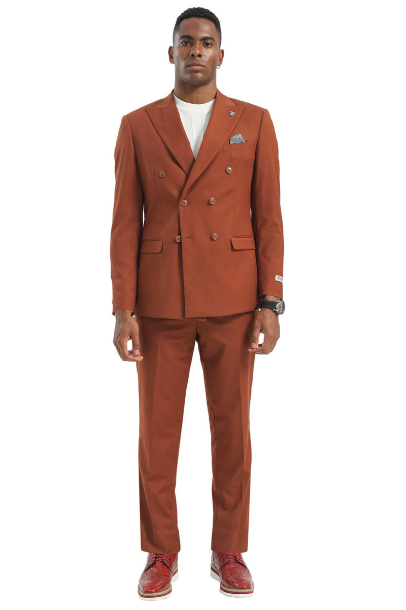 Stacy Adams cognac rust double-breasted suit. Structured silhouette, broad lapel, and double-breasted front. Features solid fabric, two hip pockets, and matching tapered trousers. Pocket square detail.
