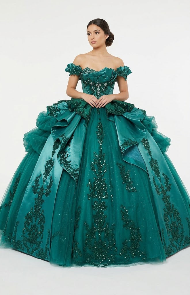 Off-Shoulder Crystal Beaded Corset Organza Ruffle Ball Gown Quinceañera Dress by Layla K LK307