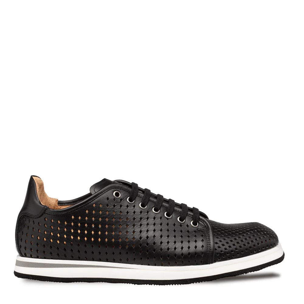 Mezlan Luce black leather sneakers: perforated design, smooth upper, white sole. Black with tan leather lining. Six-eyelet lacing.
