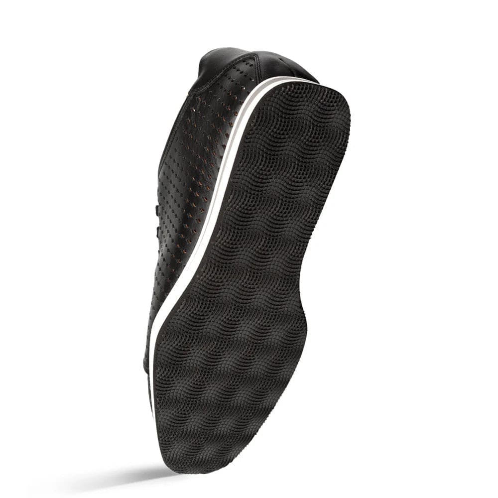 Mezlan men's Luce sneakers: sleek black leather with perforated details. Black sole, textured pattern, white stripe. Low-top silhouette, contoured heel/ankle.
