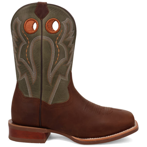 Dan Post Leighton men's western boots. Brown leather foot, green leather shaft with decorative stitching. Pointed toe, low stacked heel, pull holes for easy wear.
