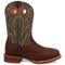 Dan Post Leighton western boots. Brown leather base, blue shaft with decorative stitching. Orange accents, pull holes, and stacked heel for added height. Rounded toe, mid-calf.
