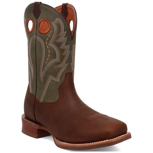 Dan Post Leighton men's western boots. Brown leather base, dark green shaft. Decorative stitched pattern. Rounded toe, medium shaft, stacked heel, and pull holes for easy wear.
