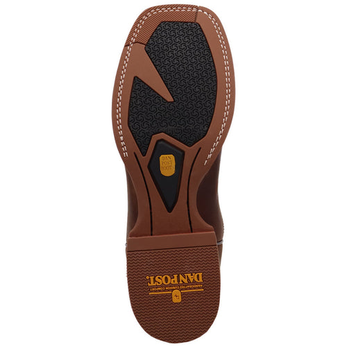 Brown leather sole with black rubber insert and white stitching on Dan Post Leighton boots. Features brand logo.
