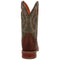 Dan Post Leighton western boots: brown leather foot, green shaft with stitching. Pointed toe, pull tabs, stacked heel. Orange fabric lining. Classic western style.
