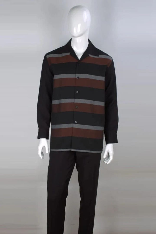 Mens Long Sleeve Casual Leisure Walking Black and Brown Horizontal Stripe Suit