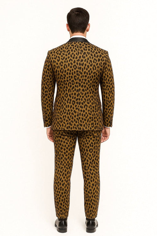 Mens Leopard Print Tuxedo with Black Satin Lapel and Bow Tie Bold Animal Print Formal Suit