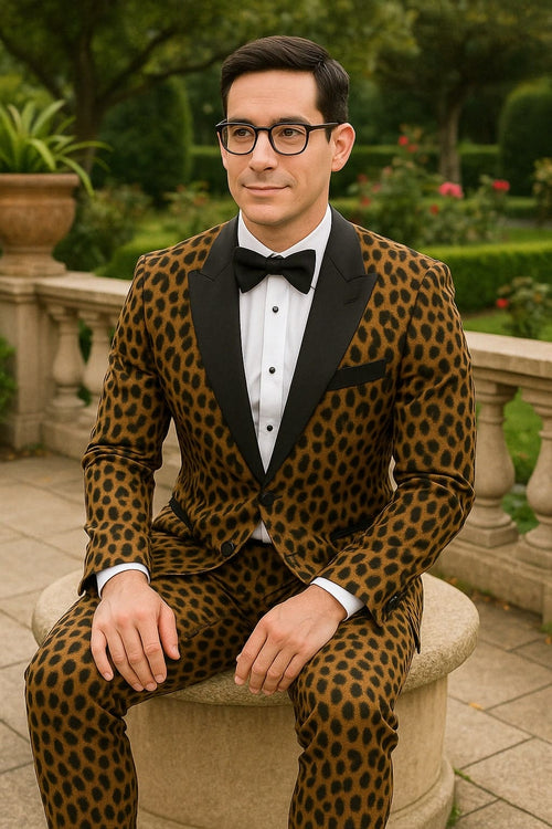 Mens Leopard Print Tuxedo with Black Satin Lapel and Bow Tie Bold Animal Print Formal Suit