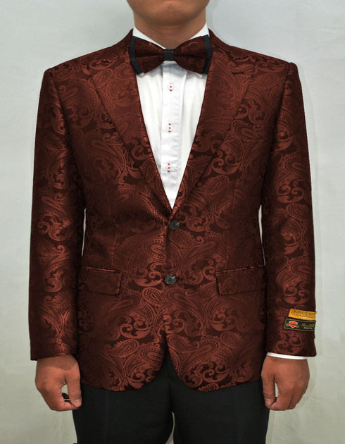 Mens Paisley Blazer - Floral Pattern Rust Copper Color and Black Mix - Light Brown Color Tuxedo Dinner Jacket