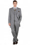 Light gray zoot suit: long jacket (notched lapel), double-breasted vest, wide-leg trousers. Smooth, textured fabric. Includes white shirt and patterned tie. Classic, stylish look.
