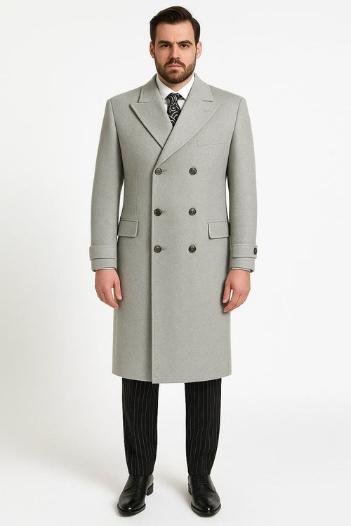 Mens Light Gray Double-Breasted Wool Overcoat â€“ Classic Long Dress Coat for Winter