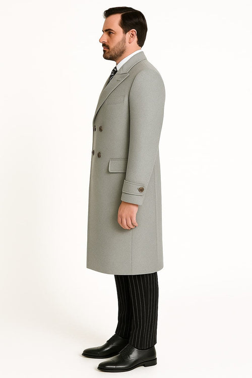 Mens Light Gray Double-Breasted Wool Overcoat â€“ Classic Long Dress Coat for Winter