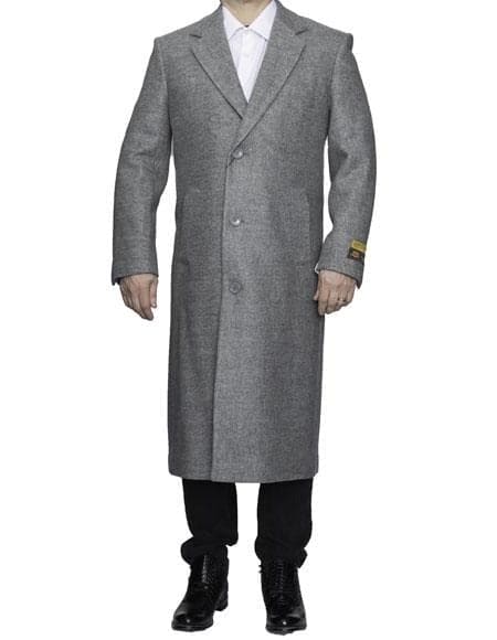 Mens Overcoat -Mens Long Wool Topcoats- Topcoat For Men-Men's Dress Coat Full Length Wool Dress Top Coat / Overcoat In Light Grey