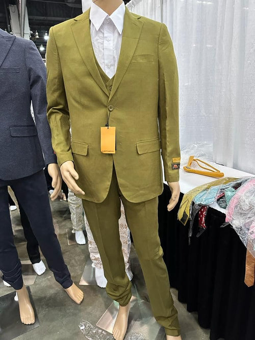Mens Light Olive Green Linen Suit Three-Piece Style  – Formal Suit with Vest and Flat Front Pants