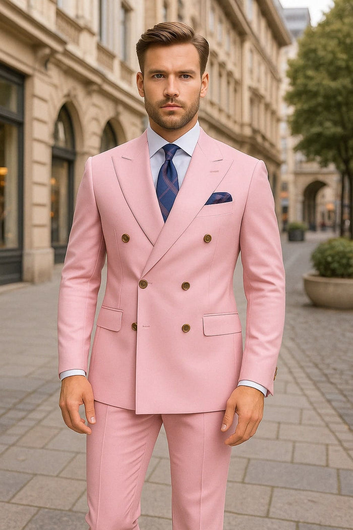 Mens Light Pink Double-Breasted Suit with Gold Buttons â€“ 2-Piece Slim Fit Set