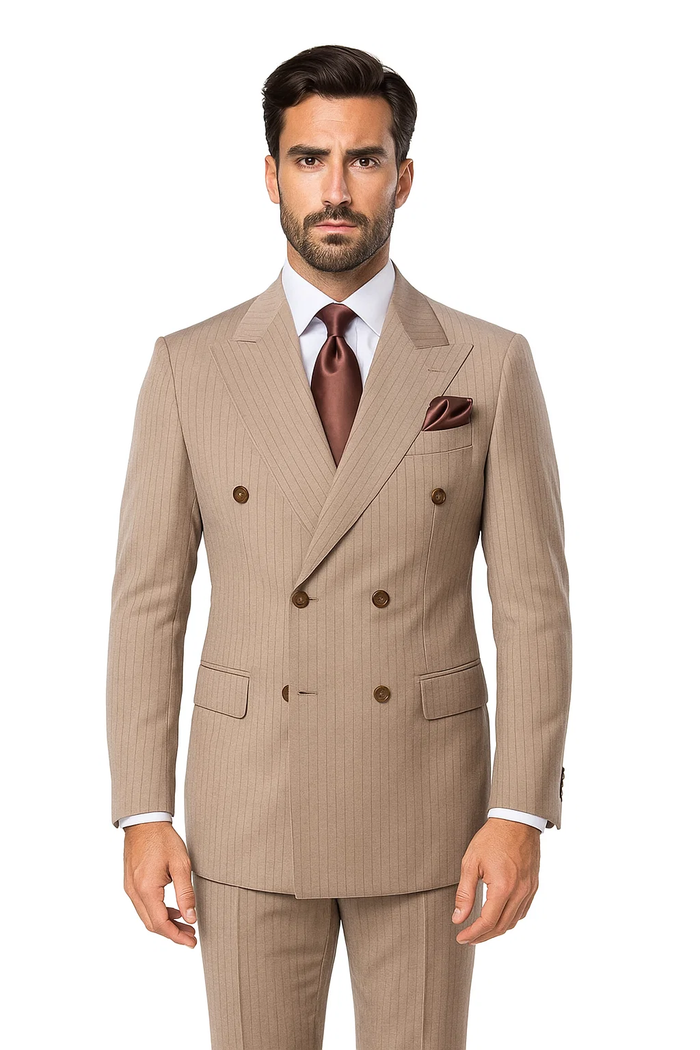 Classic fit light brown suit. 100% wool. Double-breasted jacket with brown pinstripes, front and breast pockets, and a matching pocket square.