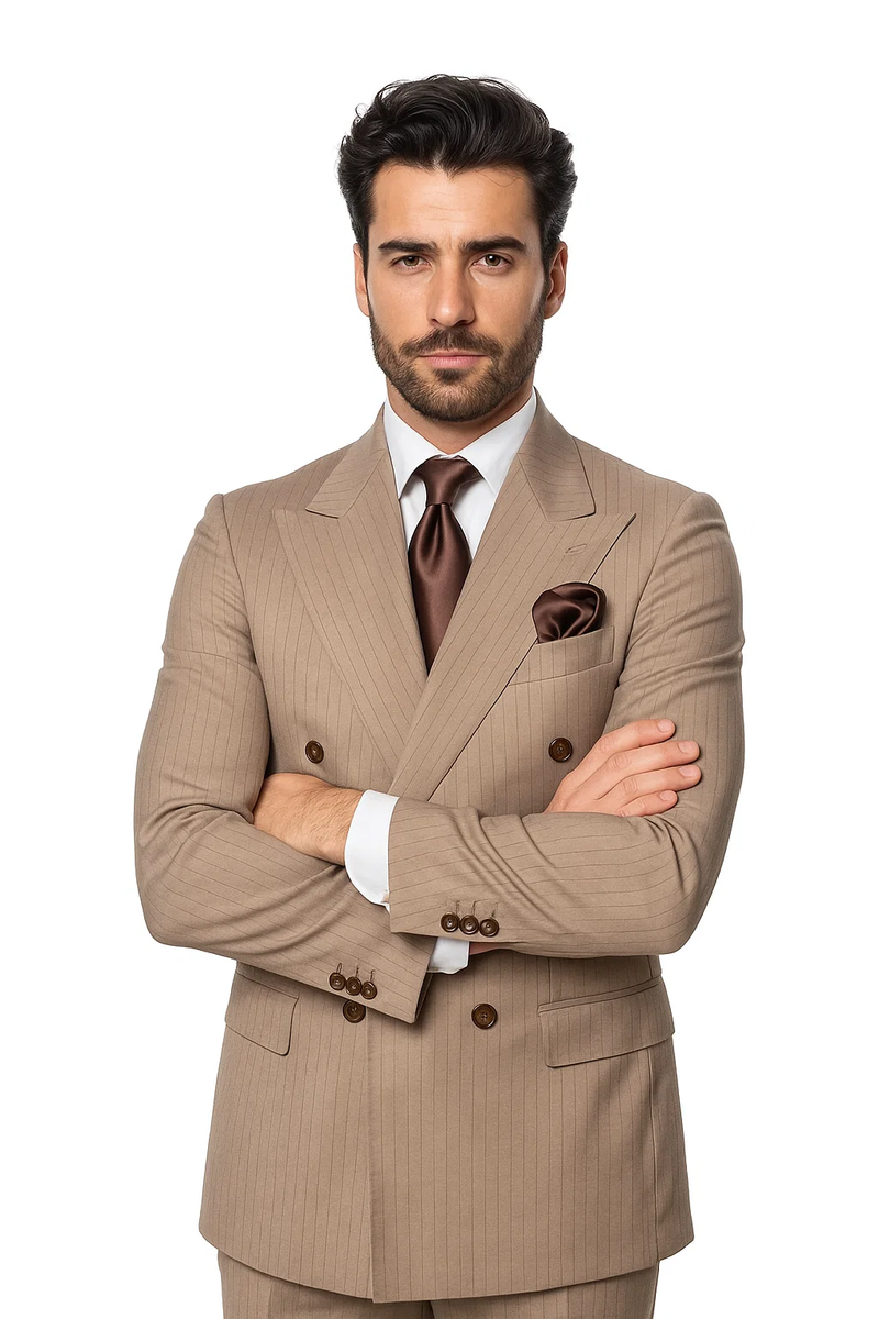 Light brown, 100% wool suit. Baggy, wide-leg pleated pants. Classic fit, double-breasted jacket with structured silhouette and brown buttons. Features a brown pinstripe pattern.