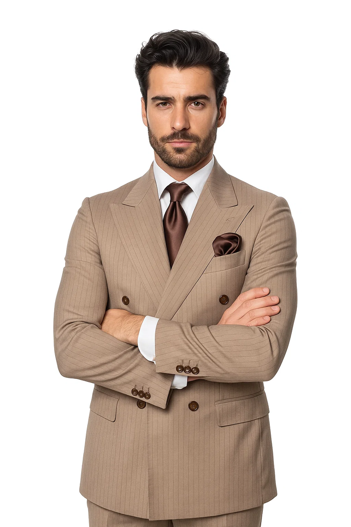 Light brown, 100% wool suit. Baggy, wide-leg pleated pants. Classic fit, double-breasted jacket with structured silhouette and brown buttons. Features a brown pinstripe pattern.
