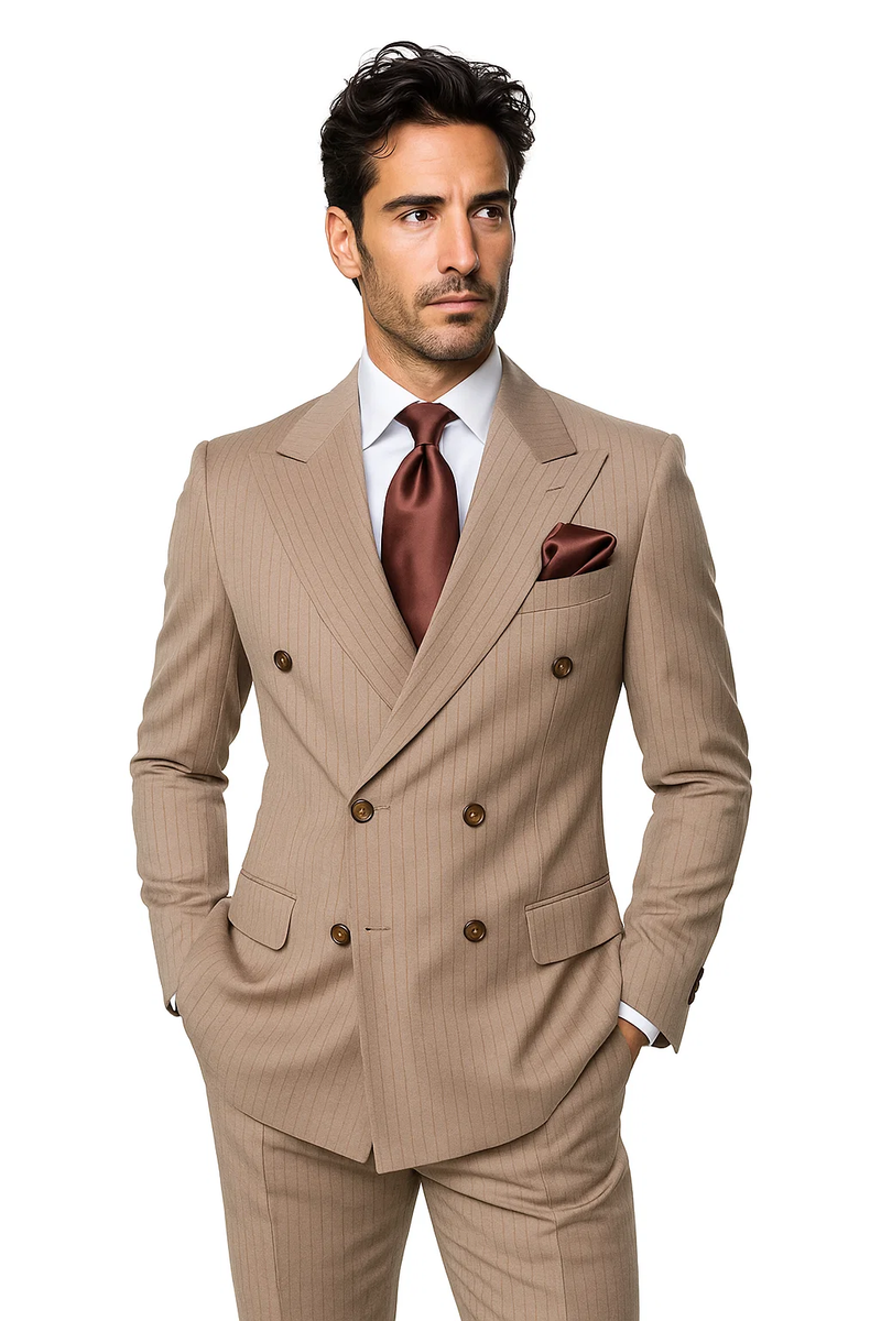 Light brown, 100% wool suit with brown pinstripes. Double-breasted jacket with two buttons and side pockets. Baggy, pleated, wide-legged pants. Classic fit, tailored design.