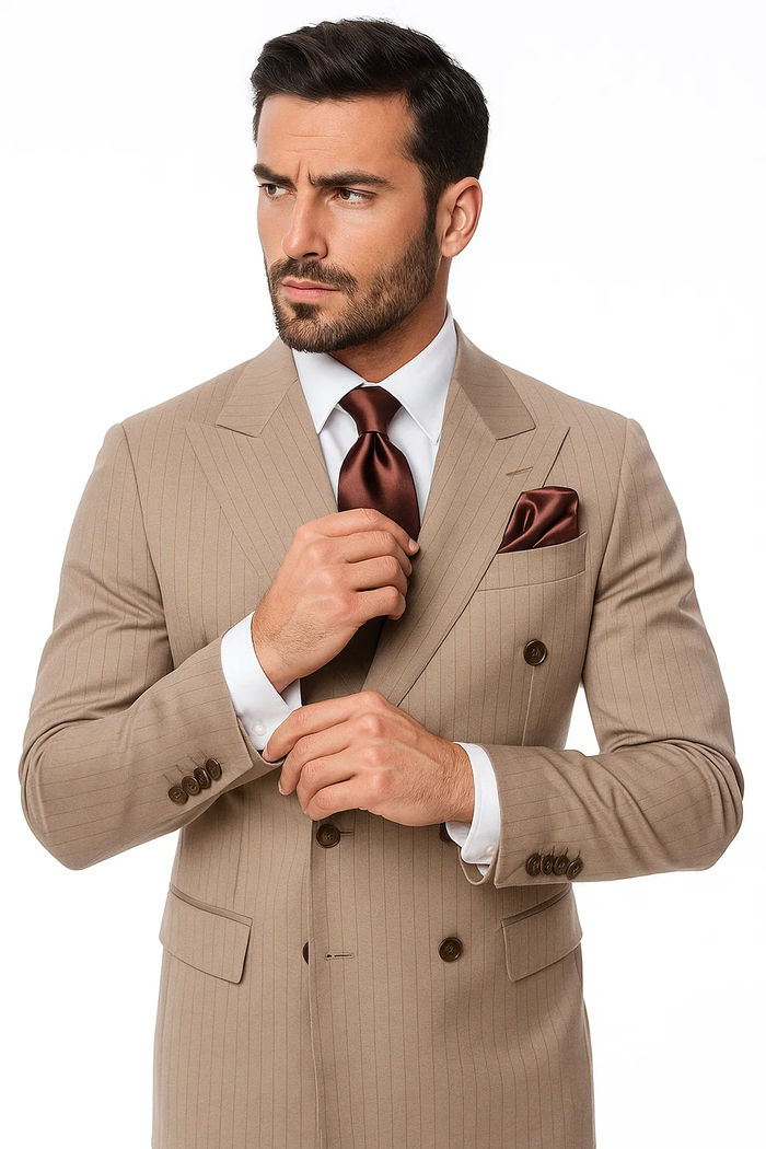 Light brown, 100% wool suit. Classic fit, double-breasted with brown pinstripes. Notched lapels, four-button cuffs. Pocket square and tie match in brown.