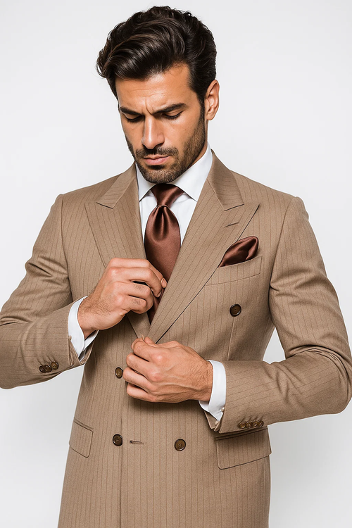 Light brown, 100% wool suit. Classic fit, double-breasted with brown pinstripes. Includes button details on sleeves.