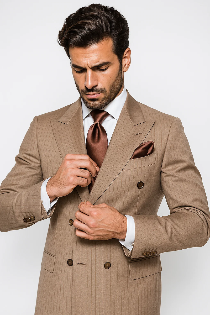 Light brown, 100% wool suit. Classic fit, double-breasted with brown pinstripes. Includes button details on sleeves.
