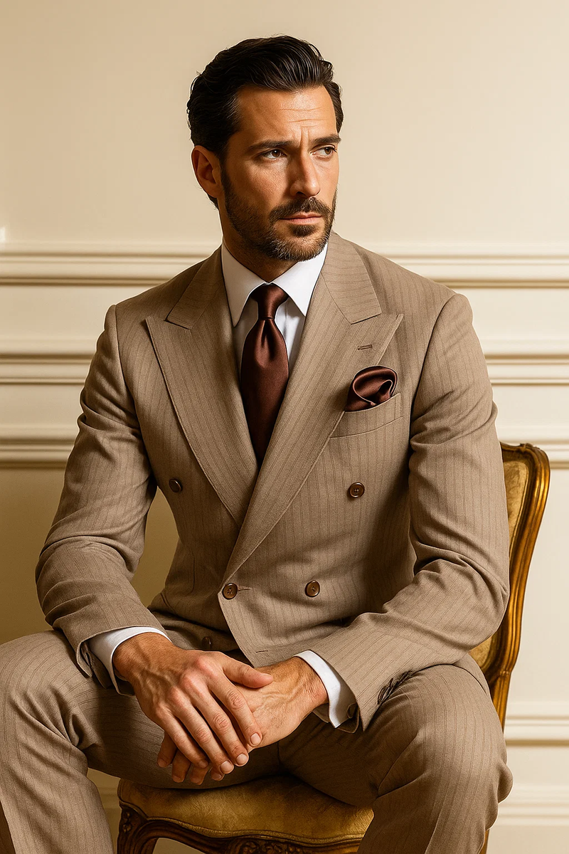 Classic fit light brown wool suit. Double-breasted jacket, pinstripes, tailored look. Includes baggy pleated wide-leg pants. 100% wool.