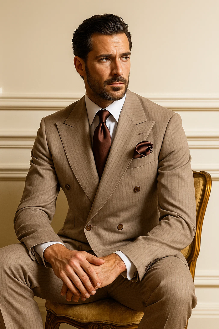 Classic fit light brown wool suit. Double-breasted jacket, pinstripes, tailored look. Includes baggy pleated wide-leg pants. 100% wool.