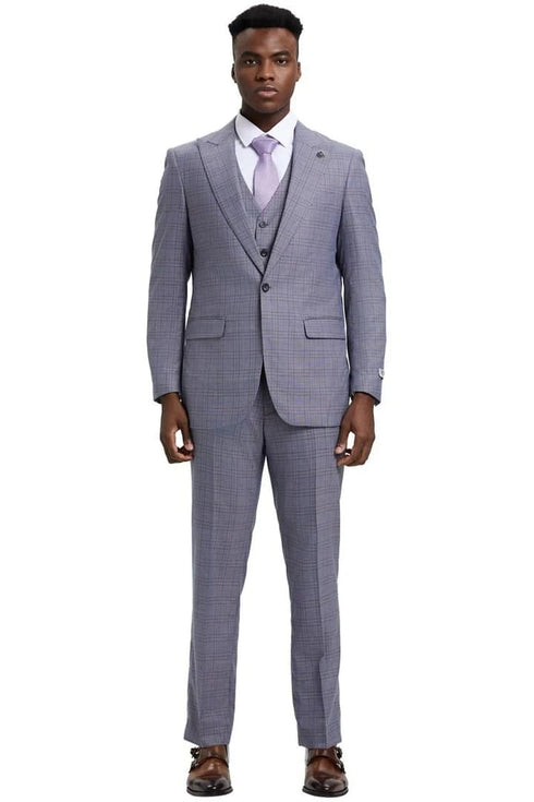 Plaid Suit - Windowpane Suit - Checkered Suit - Mens Vested Light Grey Suit