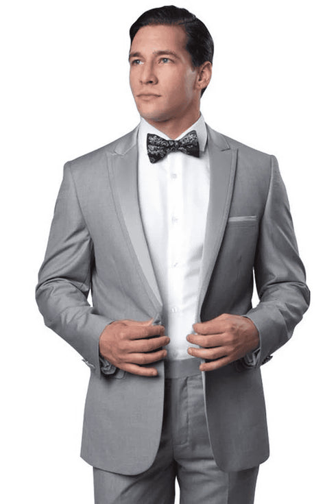 Men's Slim Fit One Button Satin Trim Peak Lapel Prom & Wedding Flat Front Pants Tuxedo In Light Grey