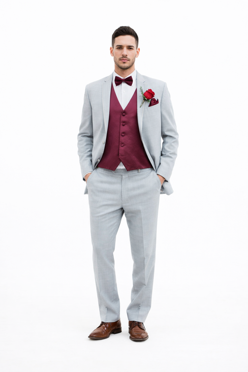 Light Grey With Burugndy Suit Vest and Pants and Bow Tie Package