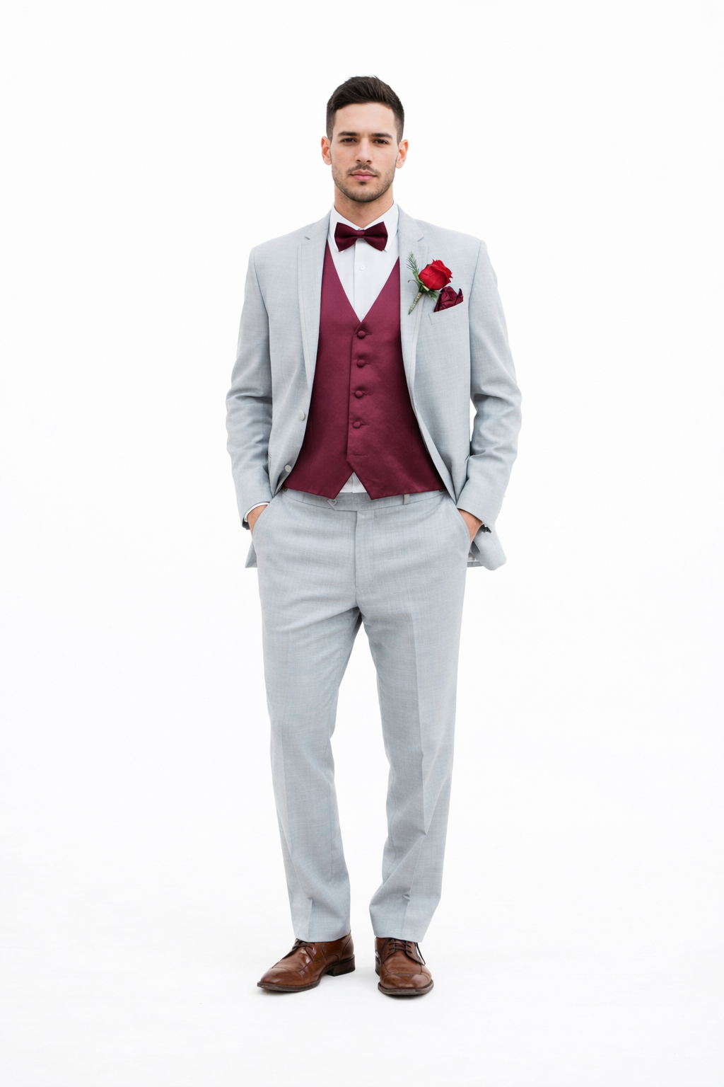Light Grey With Burugndy Suit Vest and Pants and Bow Tie Package