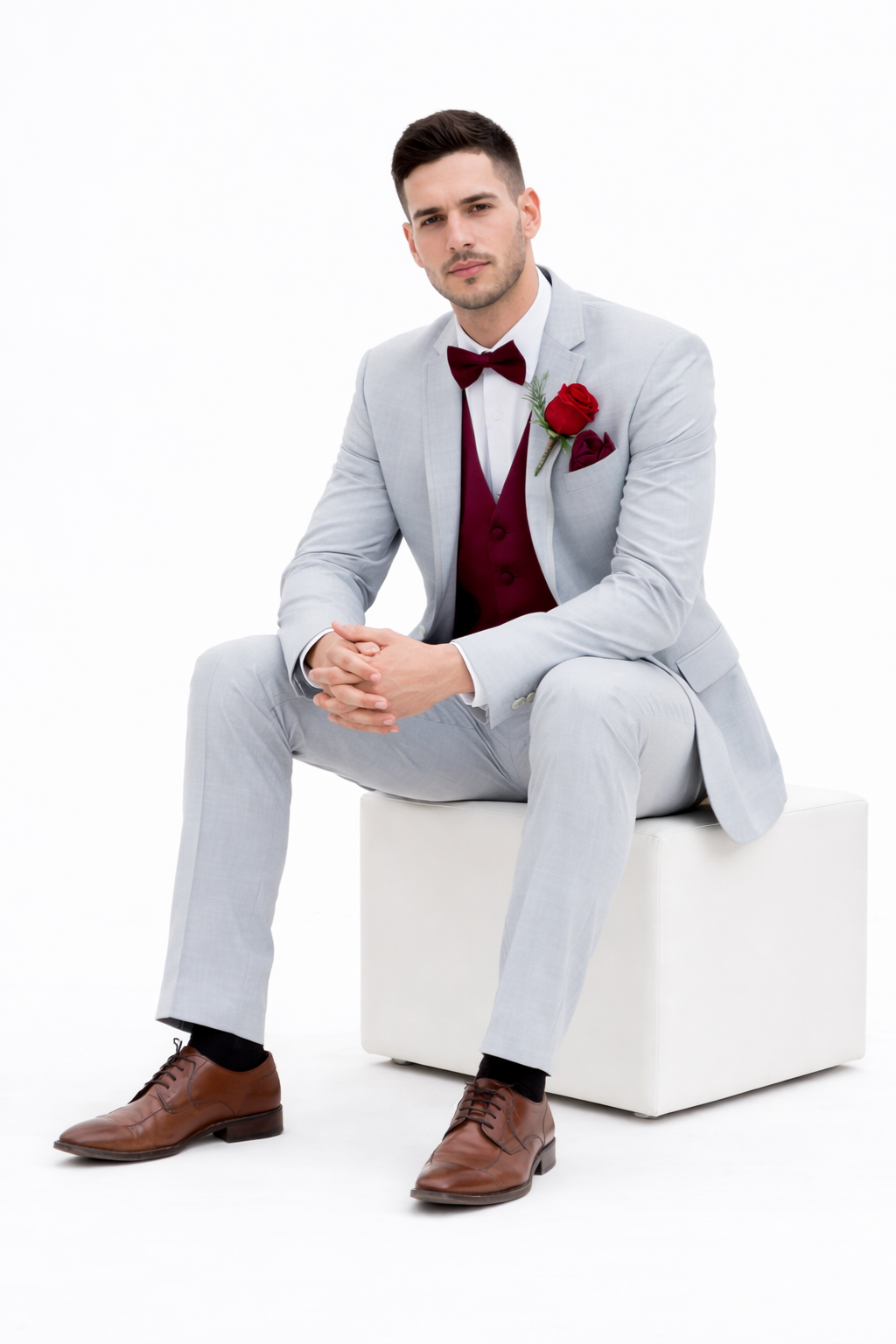 Light Grey With Burugndy Suit Vest and Pants and Bow Tie Package