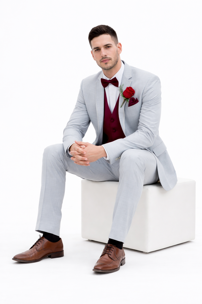 Light Grey With Burugndy Suit Vest and Pants and Bow Tie Package