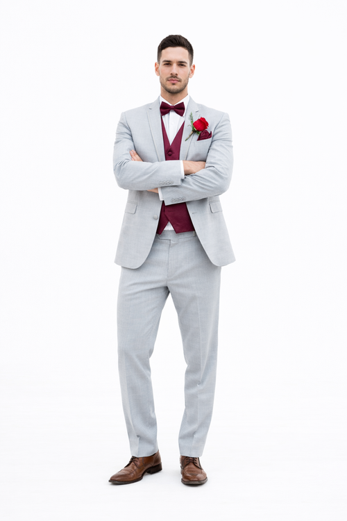 Light Grey With Burugndy Suit Vest and Pants and Bow Tie Package