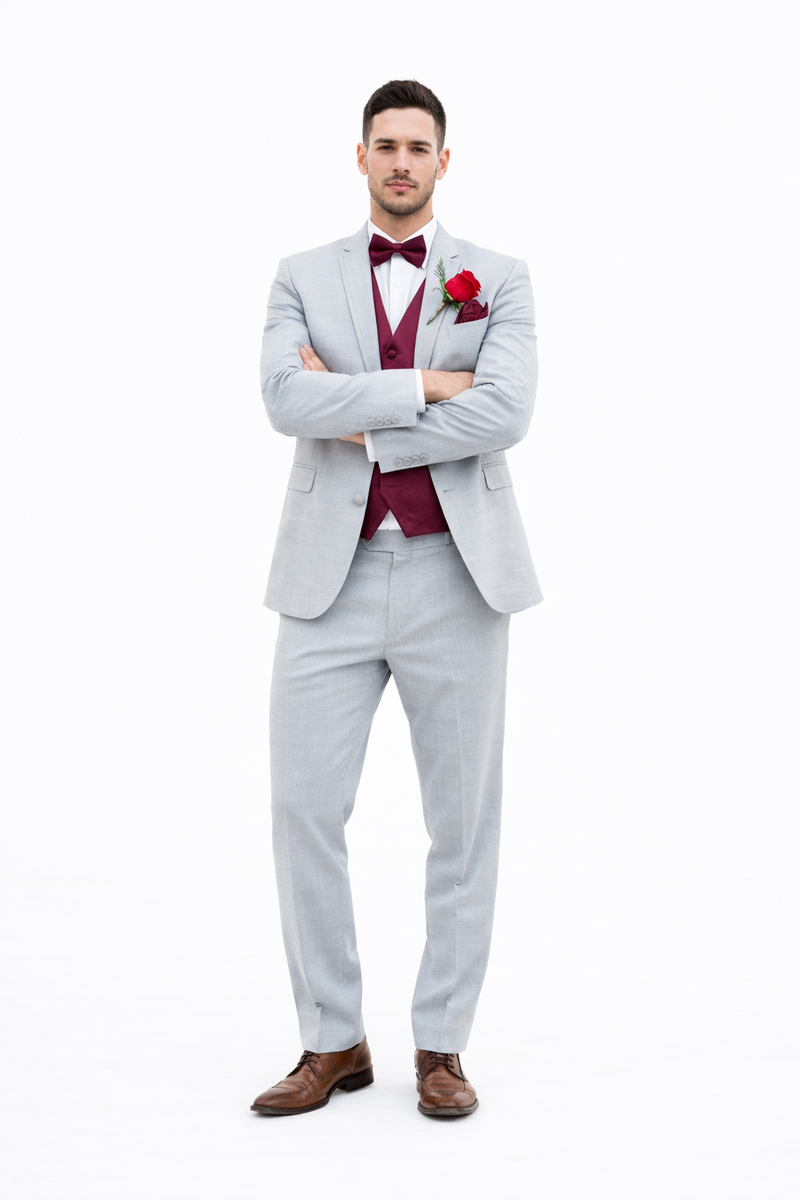 Light Grey With Burugndy Suit Vest and Pants and Bow Tie Package
