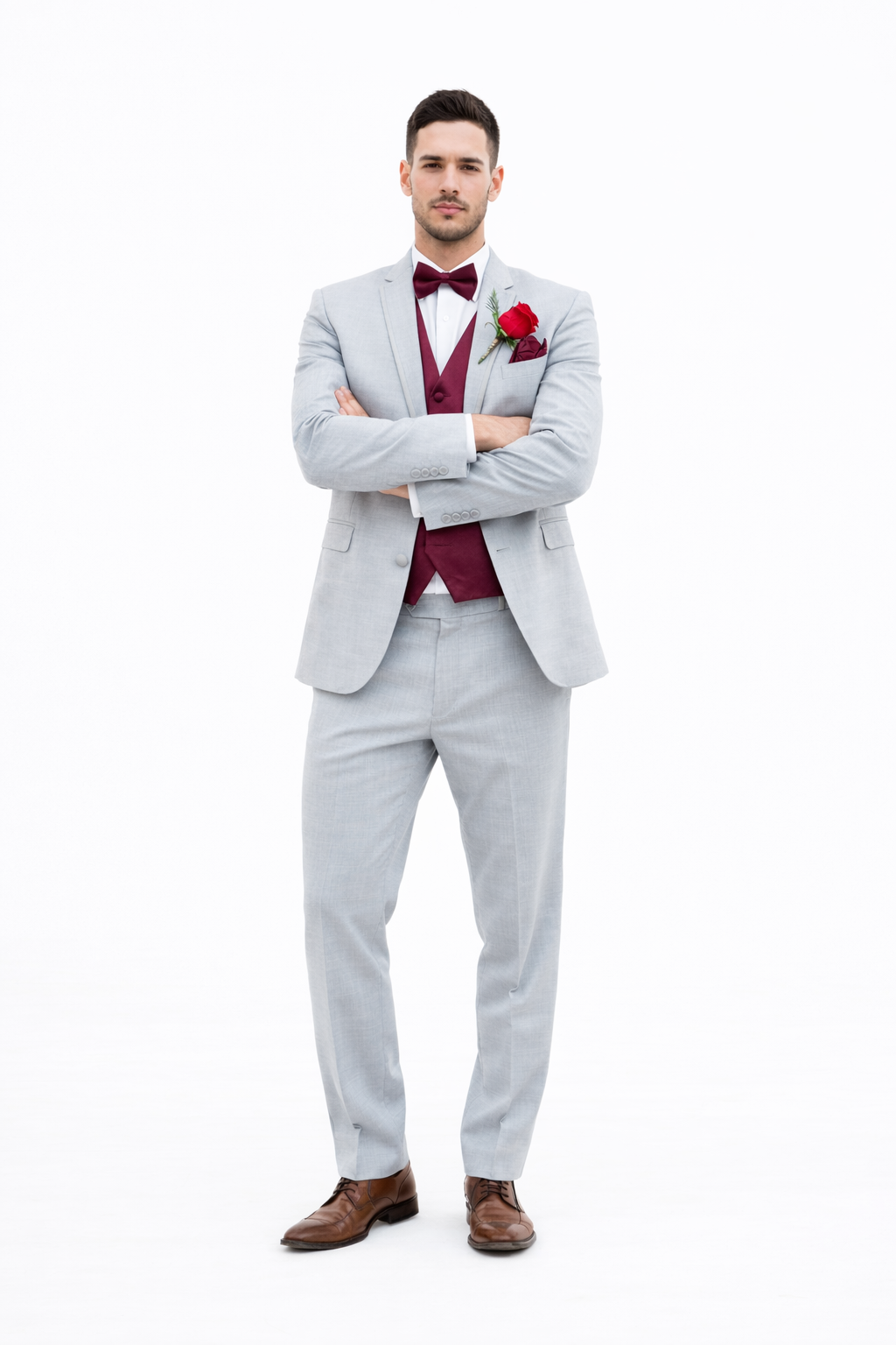 Light Grey With Burugndy Suit Vest and Pants and Bow Tie Package