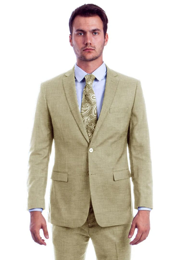 Tan Linen Suit - Men's Two Button Modern Fit Linen Look Light Beige Summer Suit