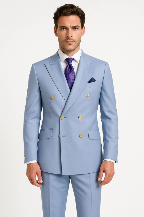 Light blue, double-breasted suit with gold buttons. Structured silhouette, smooth fabric, two front pockets. Worn with white shirt, purple tie/pocket square. Tailored sleeves with cuff buttons.
