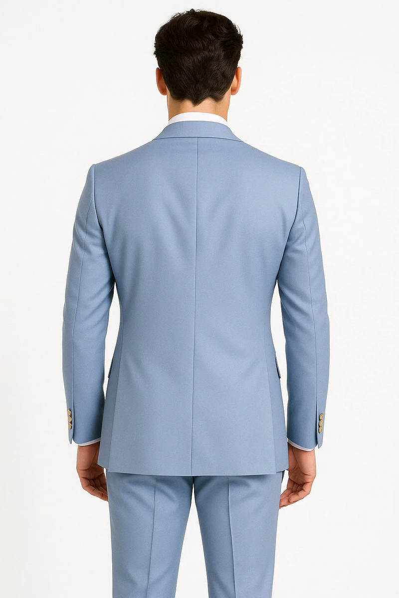 Men's light blue double-breasted suit. Tailored fit, structured form, smooth fabric, gold buttons. Features peak lapel and dual rear vents.
