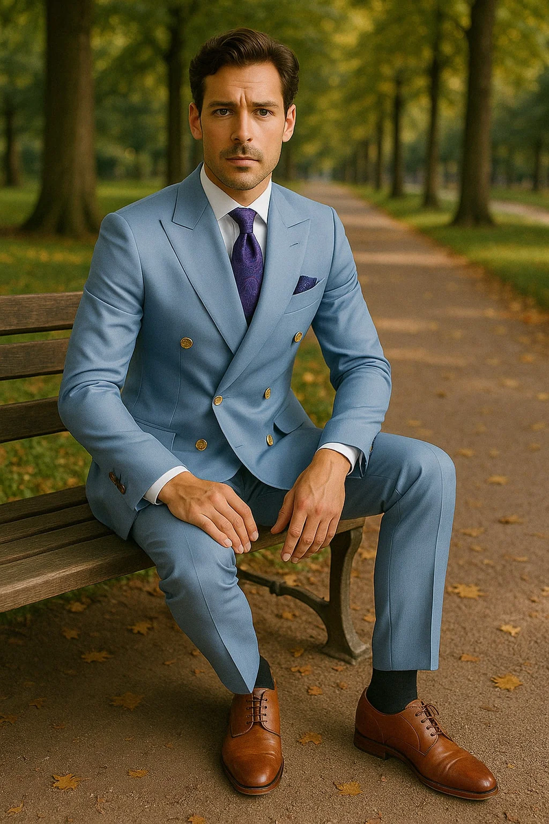 Men's light blue double-breasted suit. Tailored fit, gold buttons, notched lapels, and side pockets. Smooth, structured fabric. Matching trousers.

