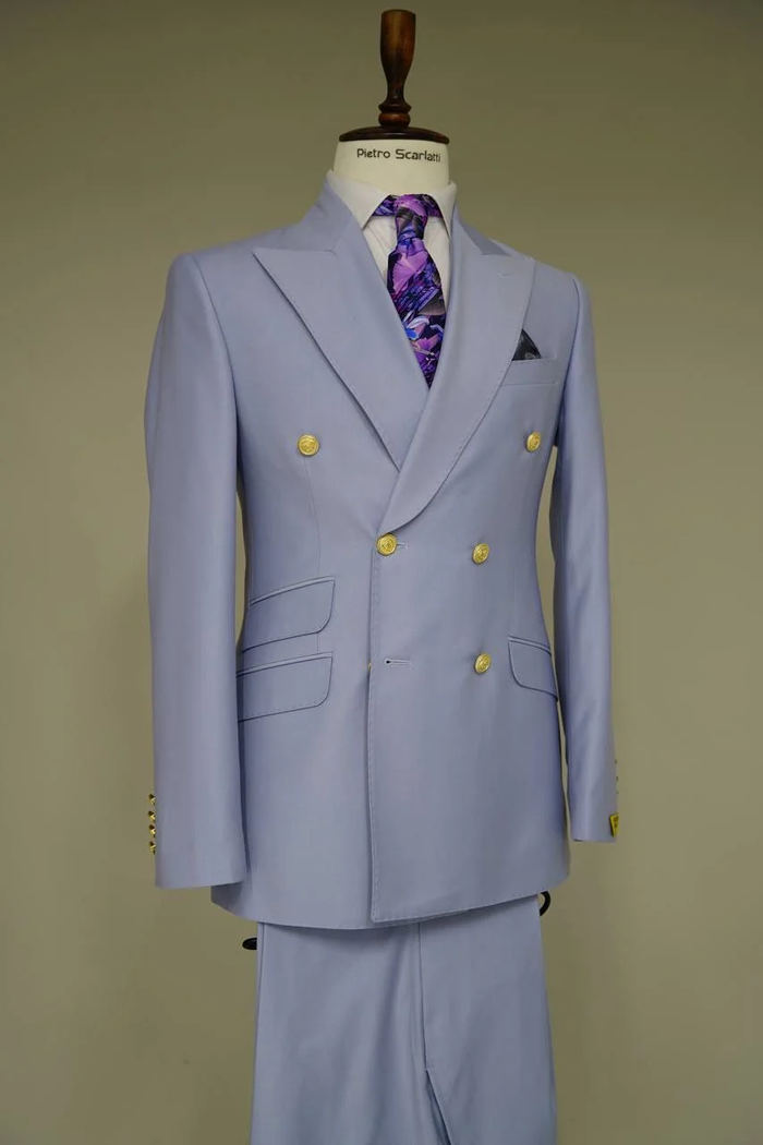 Men's light blue double-breasted suit with gold buttons, tailored fit, and sharp lapels. Features two front pockets. Includes matching trousers made from smooth material.
