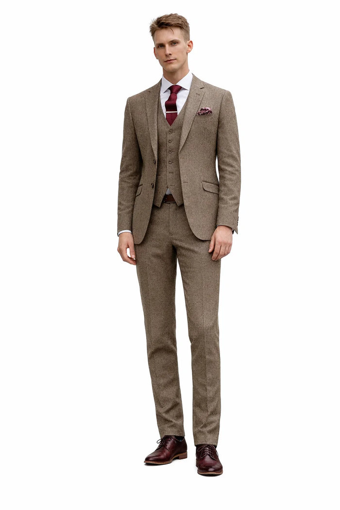 Light Brown Tweed Suit - Taupe Color Tweed Suit - Two Button Jacket